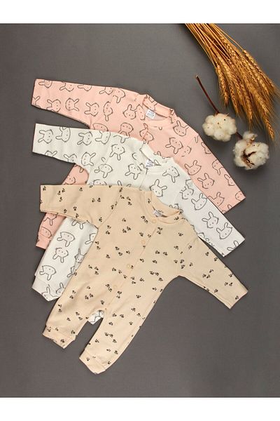 Sevilla 3-Piece Organic White, Brown and Pink Cotton Baby Rompers - Newborn Gift Set