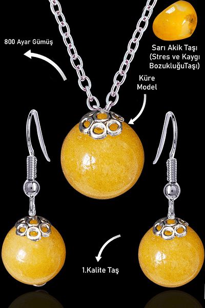 Tesbih Atölyesi Orange Agate Stone Globe Model Necklace and Earring Set - Silver Apparatus