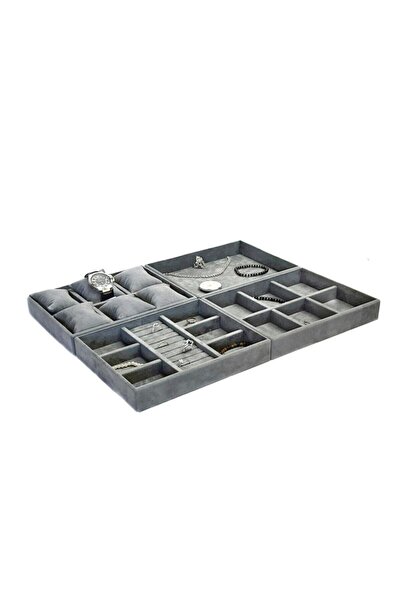 İsdeksan طقم حامل إكسسوارات مجوهرات باللون الرمادي مكون من 4 قطع منظم للدرج