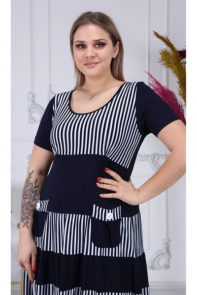 KARAMEŞE 098 Model Rochie din bumbac pieptănat cu dungi bleumarin