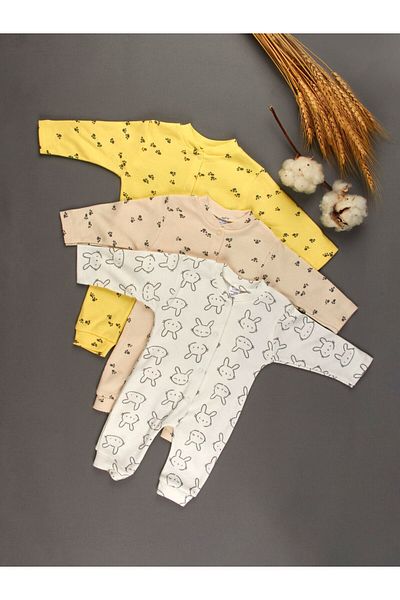 Sevilla 3-Piece Organic White, Brown and Yellow Baby Rompers - 100% Cotton, Newborn Gift