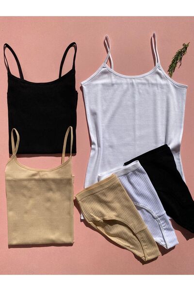 LEYNA BUTİK 3 Pieces Corded Cotton Lycra Oval Collar Women's Undershirt and Panties Set - Black, White, Tan