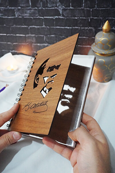 markcat Mustafa Kemal Atatürk Wooden Notebook - Agenda A5 Spiral School Notebook