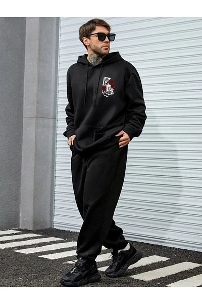 Pink Sky Men's Oversize Black Tracksuit Set - Card Printed