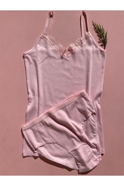 LEYNA BUTİK Fitilli, Pamuklu, Likralı, 4 Adet Yeşil, Mavi, Pembe, Ten Kadın Ip Askılı Atlet Ve Külot Takımı