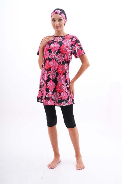 Generic Brand Black Patterned - Lycra Half Closed Women's Hijab Swimsuit