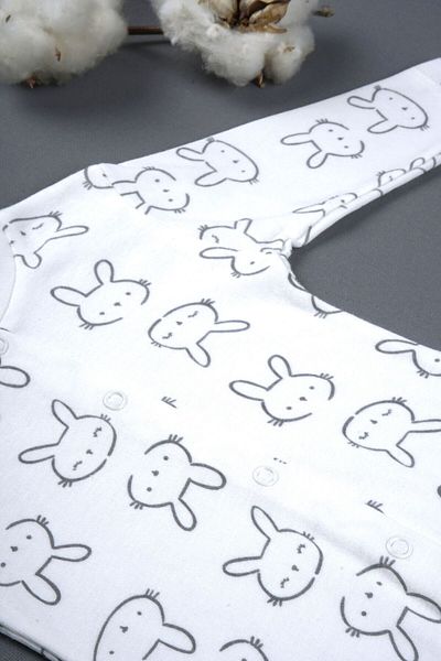 Sevilla Newborn White Baby Jumpsuit - 100% Cotton, Rabbit Pattern and Ribbed