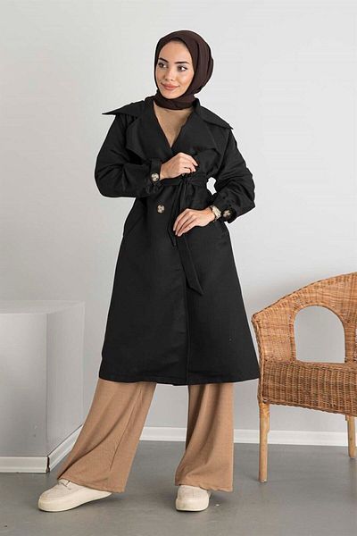moda ala Sleeve Belted Trench Coat Black