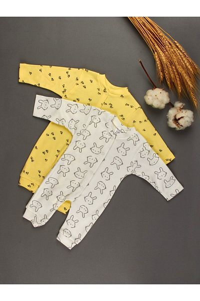 Sevilla 2-Piece Organic White Saree Baby Rompers - 100% Cotton, Newborn Gift, Cotton Yellow White Baby Rompers