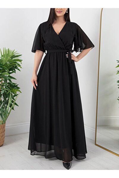 Phoenix Women فستان شيفون بأكمام قصيرة وياقة مزدوجة الصدر