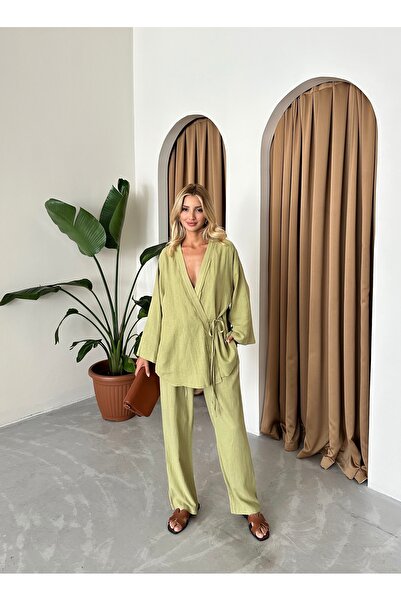 Laluvia Vászon kimonó készlet - khaki színű részletes és oldalra kötve