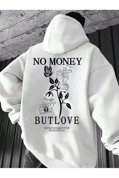 PALPİTO Λευκό ανδρικό φούτερ με κουκούλα "No Money But Love" - Φούτερ με κουκούλα 3 νημάτων