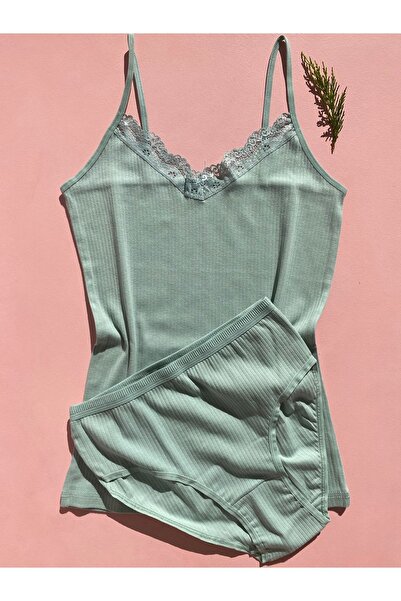 LEYNA BUTİK 4 Pieces Green, Blue, Pink, Black Women's Undershirt and Panty Set - Corded, Cotton, Lycra