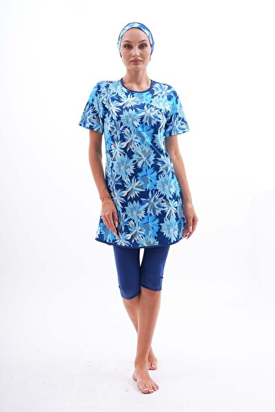 Genel Markalar Lacivert Desenli Likralı Kısa Kollu Yarı Kapalı Kadın Tesettür Mayo Takım