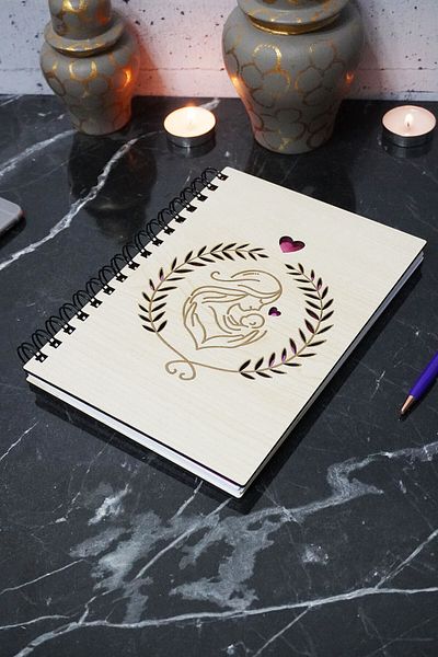 markcat Mother Baby Themed Wooden Cover Notebook - Unlined Notebook - 60 Sheets (120 Pages) - A5 Memory Book