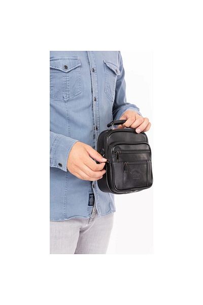 mygeppetobag Men's Black Steel Case Genuine Leather Hand and Shoulder Bag