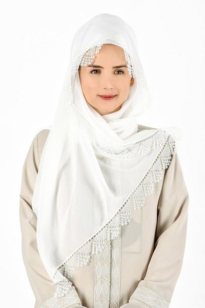 kanaviçe Shawl Prayer Cloth Embroidered White B034