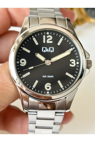 Q&Q Men's Wristwatch - Silver Color, Night Vision, Steel Cord Rosary Bracelet