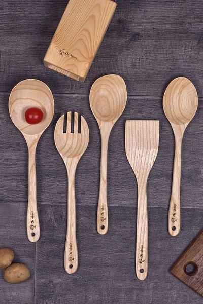 Öz ahsap 6 Pieces Premium Handmade Boxed Wooden Spoon Kitchen Set Easy to Clean Matte Glossy Surface