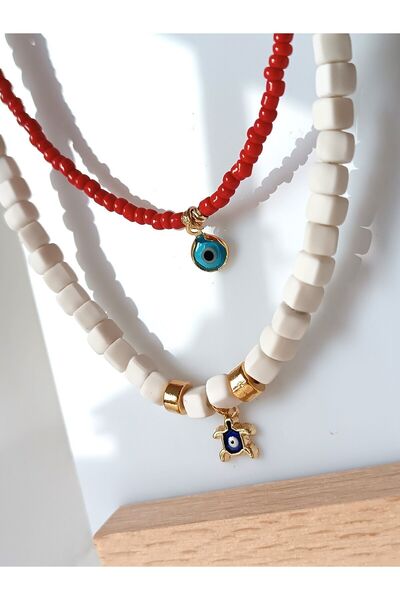 La fee aksesuar 2'li Kolye Set Kırmızı - Mavi Fimo Boncuk (NAZAR BONCUĞU - KA...