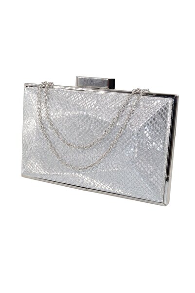 KEEBA Geantă pentru rochie de seară argintie cu model de șarpe - Portofoliu p...