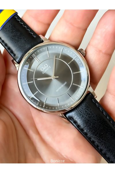 Q&Q Men's Wristwatch - Black Leather Cord, Rosary and Bracelet