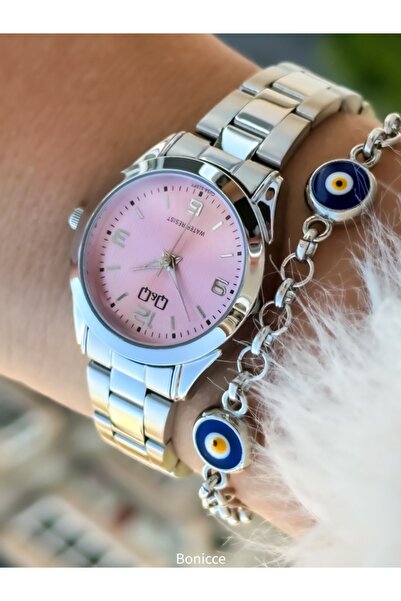 Q&Q Silver Colored Pink Dial Steel Cord Women's Wristwatch Bracelet