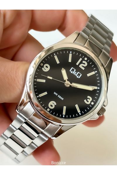 Q&Q Men's Wristwatch - Silver Color, Night Vision, Steel Cord Rosary Bracelet