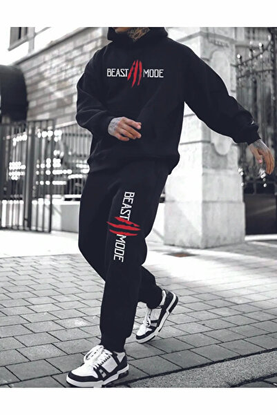 HIRSCH طقم بدلة رياضية مرنة بغطاء للرأس للرجال - قطن أسود مطبوع على الموضة