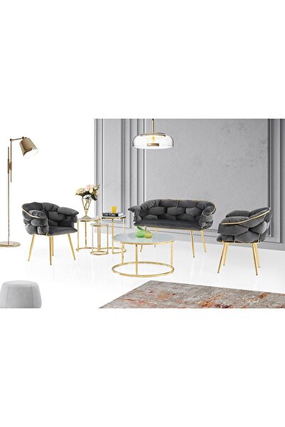 Viento Mobilya Gri Babyface Kumaş Gold Iskelet Balon Çay Seti 2+1+1 (orta Seh...