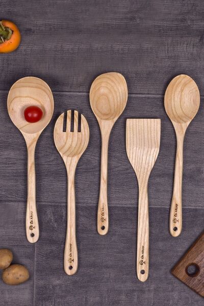 Öz ahsap Handmade Premium 5 Piece Wooden, Wooden Kitchen Spoon Set Ladle, Fork, Rice Spoon, Spatula, Spoon