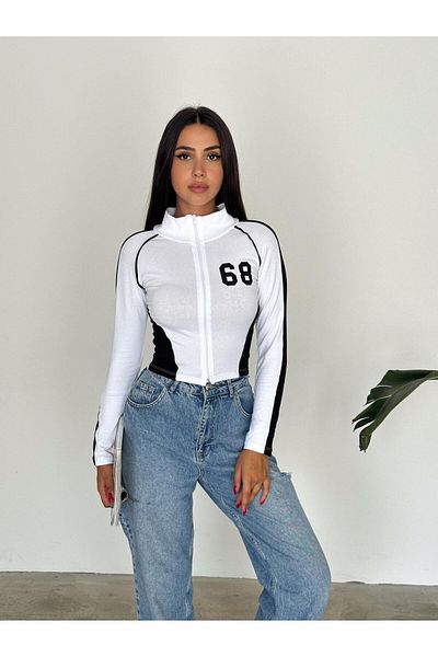 Touz Moda Λευκή μακρυμάνικη μπλούζα Crop - 68 Number Racer