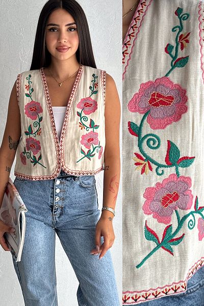 FEMELLE Vestă de damă cu broderie florală vintage bej