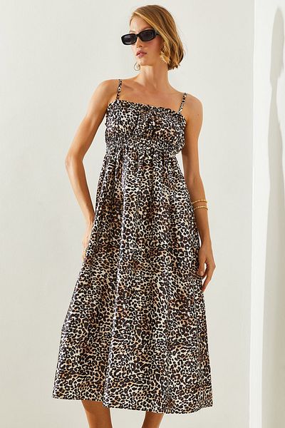 Bianco Lucci Damenkleid aus Satin mit Leopardenmuster – dünne Träger und Gummizug 5968 60251682