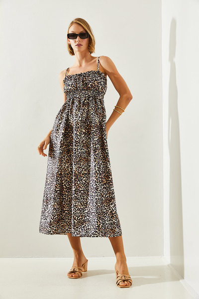 Bianco Lucci Kadın İnce Askılı Leopar Desen Lastikli Saten Elbise 5968 60251682