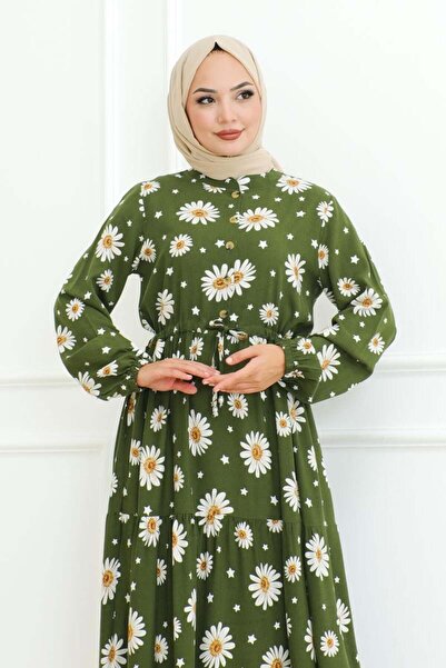 Genel Markalar Papatya Desenli Tesettür Elbise HAKİ