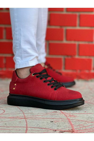 BOUIS Men's Suede Red Sports Casual Shoes High Thick Black Sole Lace-up Sneaker
