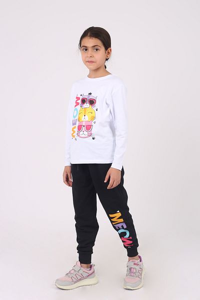 Çiggo Kids Girl's Cotton Under-top Set - Meow Cat Print, Crew Neck, Long Sleeve
