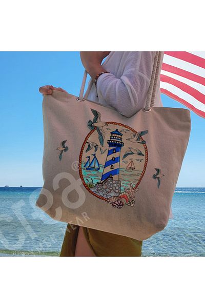 Crea Eymer Wear Τσάντα παραλίας από βαμβακερό γλάρο και μοτίβο θάλασσας