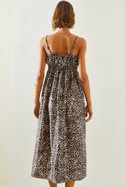 Bianco Lucci Kadın İnce Askılı Leopar Desen Lastikli Saten Elbise 5968 60251682