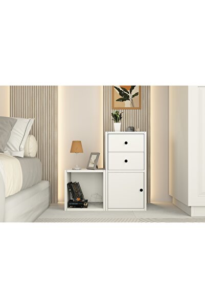 Nettrends Archel 2 Çekmeceli Tek Kapaklı Açık Raflı Modern Beyaz Komodin