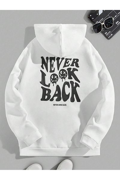 PALPİTO Λευκό Never Look Back Φούτερ με κουκούλα Unisex με στάμπα - 3 νήματα με κουκούλα