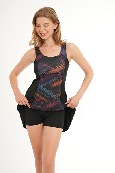 Swana Desenli Birleşik Şortlu Elbiseli Mayo Kadın-Siyah