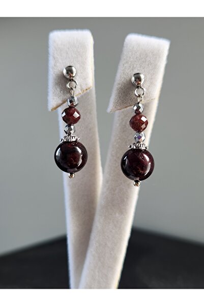 Home Natural Stone Garnet Stone Dangle Steel Earrings