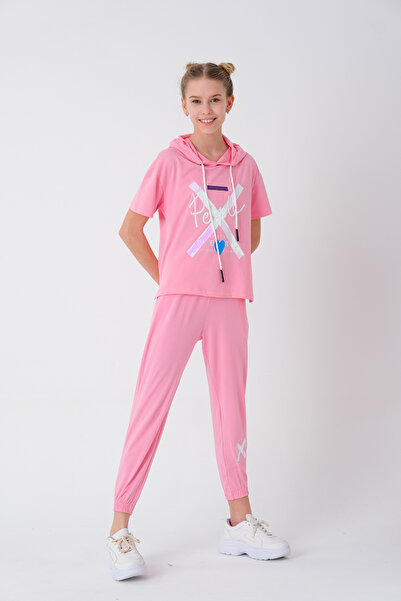 Wee Baby 7-14 Years Girl's Heart Printed Hooded Summer Set - 13840