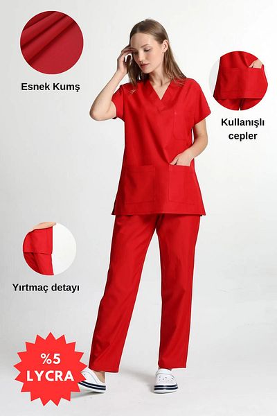 HEMİ Unisex Red Cotton Lycra Bat Sleeve Nurse and Doctor Jersey Set - Hospital Uniform