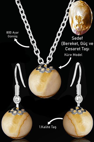 Tesbih Atölyesi Globe Model Pearl Stone Necklace and Earring Set - Silver Apparatus, Certified