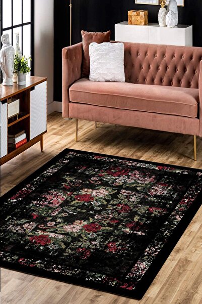 THEMODERNHANE Siyah Zeminli Çiçek Desenli Halı