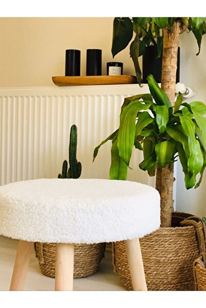 WEBPANYA Gürgen Ahşap Retro Ayak Dekoratif Kırık Beyaz Peluş Puf Tabure Bench Koltuk Sandalye