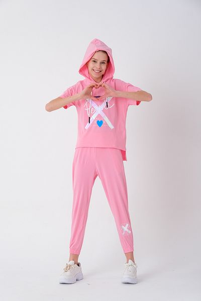 Wee Baby 7-14 Years Girl's Heart Printed Hooded Summer Set - 13840